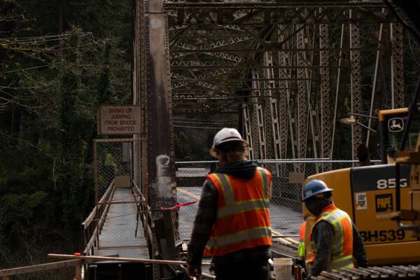 Construction continues on Stark Street Bridge on Thursday, Feb. 6, 2025, in Troutdale, Ore. (AP Photo/Jenny Kane)