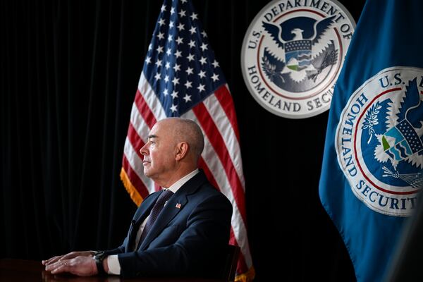 Outgoing Homeland Security Secretary Alejandro Mayorkas during a press interview on Friday, Jan. 10, 2025, in Washington. (AP Photo/John McDonnell)