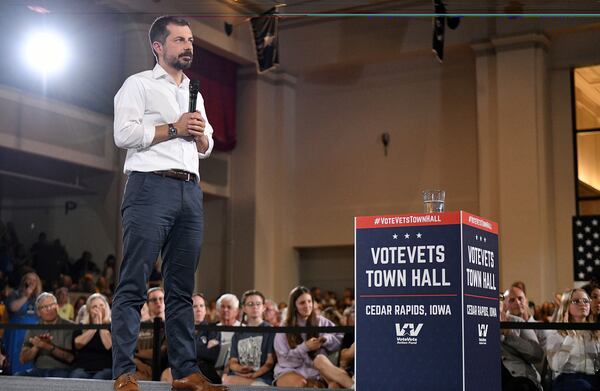 Former U.S. Secretary of Transportation Pete Buttigieg listens to a question from the audience during a VoteVets Town Hall, Tuesday, May 13, 2025, in Cedar Rapids, Iowa. (AP Photo/Cliff Jette)