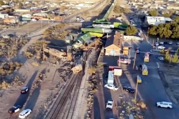 Damage to a train is seen at the site where a freight train collided with a tractor-trailer and derailed in Reeves County, Texas on Wednesday, 18, 2024.