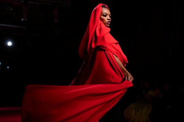 A model walks the runway during the Christian Siriano Fall/Winter 2025 fashion show at Chelsea Industrial during New York Fashion Week on Thursday, Feb. 6, 2025, in New York. (Photo by Charles Sykes/Invision/AP)