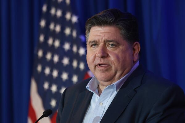 Illinois Gov. JB Pritzker speaks during the McIntyre-Shaheen 100 Club Dinner, Sunday April 27, 2025, in Manchester, N.H. (AP Photo/Reba Saldanha)