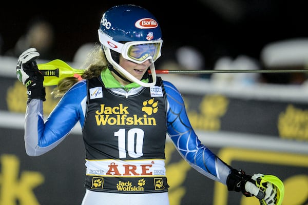 FILE - Mikaela Shiffrin, of the United States, reacts at finish line after winning an alpine ski, women's World Cup slalom, in Are, Sweden, Thursday, Dec. 20, 2012. (AP Photo/Giovanni Auletta, File)