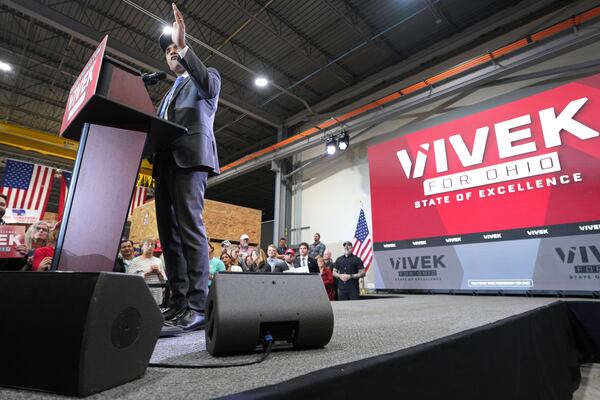 Vivek Ramaswamy announces his candidacy for Ohio governor, Monday, Feb. 24, 2025, in West Chester Township, Ohio. (AP Photo/Kareem Elgazzar)