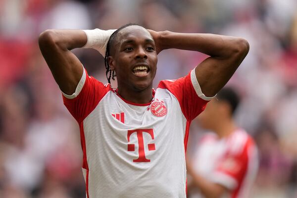 FILE - Bayern's Mathys Tel reacts during the German Bundesliga soccer match between Bayern Munich and Cologne at the Allianz Arena in Munich, Germany, Saturday, April 13, 2024. (AP Photo/Matthias Schrader, File)