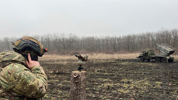 In this photo distributed by Russian Defense Ministry Press Service on Thursday, March 20, 2025, a Russian "Grad" self-propelled multiple rocket launcher prepares to fire towards Ukrainian positions in Ukraine. (Russian Defense Ministry Press Service via AP)