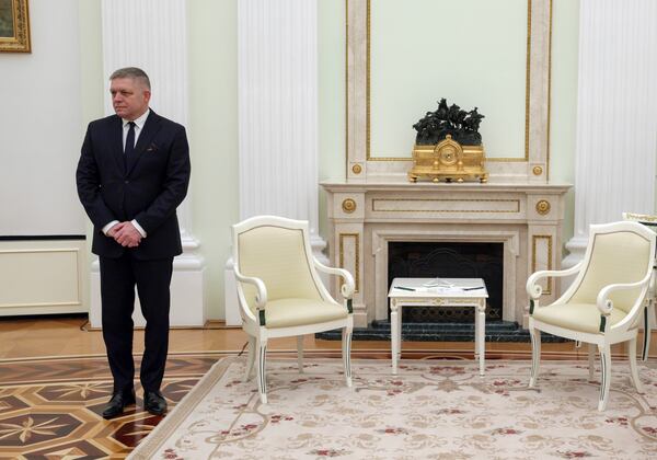 Slovak Prime Minister Robert Fico stands waiting for a meeting with Russian President Vladimir Putin at the Kremlin in Moscow, Sunday, Dec. 22, 2024. (Gavriil Grigorov, Sputnik, Kremlin Pool Photo via AP)