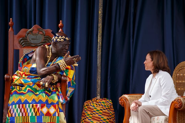 FILE - Vice President Kamala Harris, right, meets with traditional leaders at Cape Coast Castle in Ghana, March 28, 2023. This castle in was one of around 40 "slave castles" that served as prisons and embarkation points for slaves en route to the Americas. (AP Photo/Misper Apawu, File)