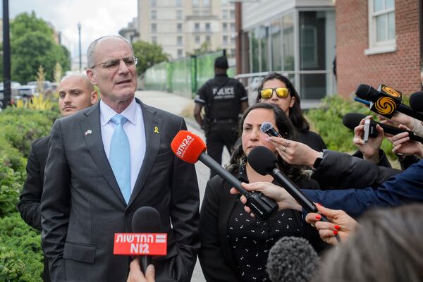 Israeli Ambassador to the U.S. Yechiel Leiter talks with reporters Thursday, May 22, 2025, after two staff members of the Israeli Embassy in Washington were killed outside the Capital Jewish Museum on Wednesday night, in Washington. (AP Photo/Rod Lamkey, Jr.)