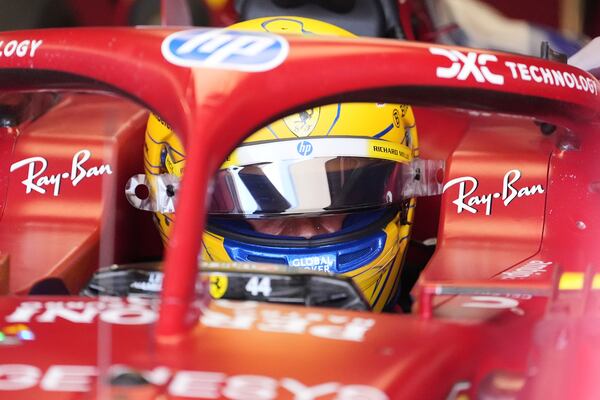 Ferrari driver Lewis Hamilton of Britain during a practice session for the Formula One Miami Grand Prix auto race, Friday, May 2, 2025, in Miami Gardens, Fla. (AP Photo/Rebecca Blackwell)