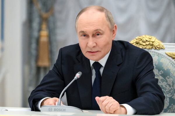 FILE - Russian President Vladimir Putin holds a meeting with members of Russia's business community at the Kremlin in Moscow, Russia, Monday, May 26, 2025. (Grigory Sysoyev, Sputnik, Kremlin Pool Photo via AP, File)
