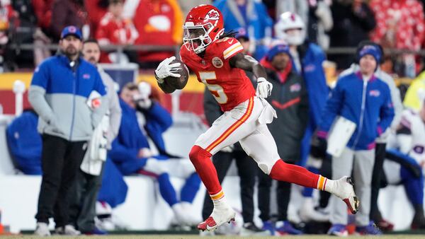 Kansas City Chiefs wide receiver Hollywood Brown (5) runs against the Buffalo Bills during the second half of the AFC Championship NFL football game, Sunday, Jan. 26, 2025, in Kansas City, Mo. (AP Photo/Ashley Landis)