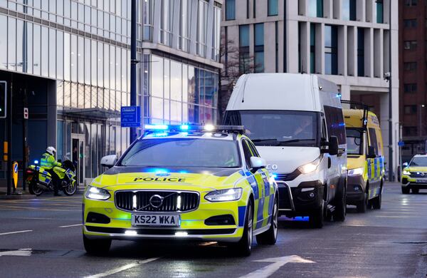 A prison van believed to contain Axel Rudakubana arrives at Liverpool Crown Court for his sentencing after he admitted the murders of three girls at a dance class in Southport, on Thursday, Jan. 23, 2025 in Liverpool, England (Peter Byrne/PA via AP)