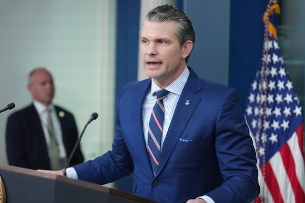 Defense Secretary Pete Hegseth speaks with reporters in the James Brady Press Briefing Room at the White House, Thursday, Jan. 30, 2025, in Washington. (AP Photo/Jacquelyn Martin)