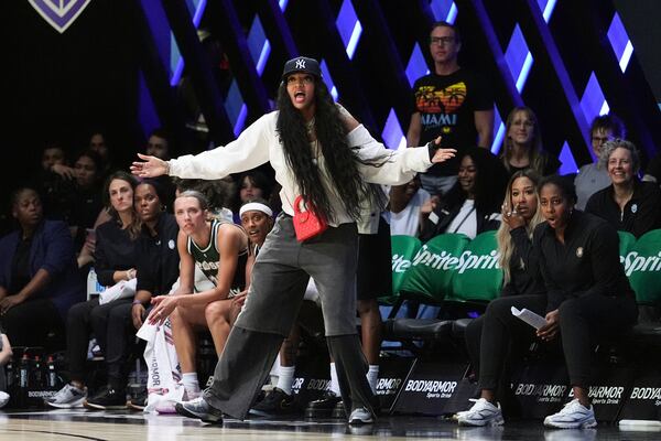 Rose forward Angel Reese reacts from the bench in Rose's Unrivaled 3-on-3 basketball semifinal against Laces, Sunday, March 16, 2025, in Medley, Fla. (AP Photo/Rebecca Blackwell)