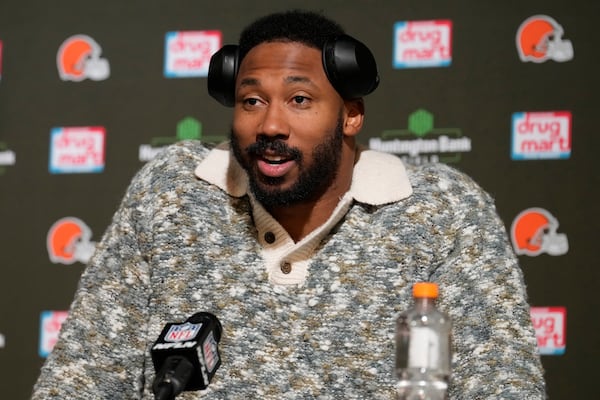 FILE - Cleveland Browns defensive end Myles Garrett speaks during a news conference after an NFL football game against the Miami Dolphins Sunday, Dec. 29, 2024, in Cleveland. (AP Photo/Sue Ogrocki, File)