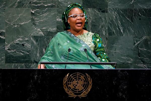 FILE - Nobel Peace Prize winner Leymah Gbowee, from Liberia, addresses the 73rd session of the United Nations General Assembly, at U.N. headquarters, Tuesday, Sept. 25, 2018. (AP Photo/Richard Drew, File)
