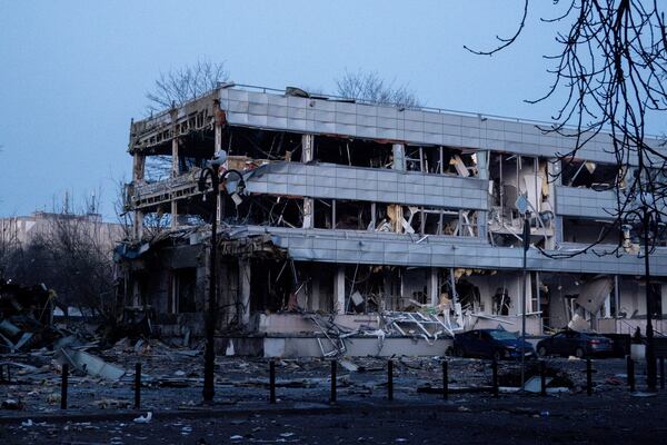 The office building is seen destroyed after a Russian attack, which injured multiple people in Kyiv, Ukraine, Wednesday, Feb. 12, 2025 (AP Photo/Alex Babenko)