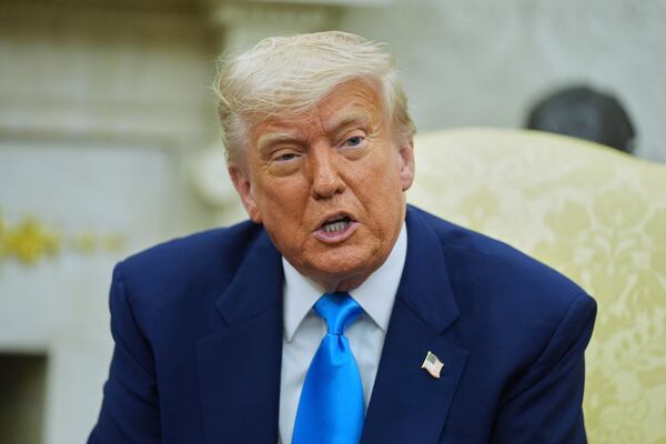 President Donald Trump speaks as he meets with South African President Cyril Ramaphosa in the Oval Office of the White House, Wednesday, May 21, 2025, in Washington. (AP Photo/Evan Vucci)
