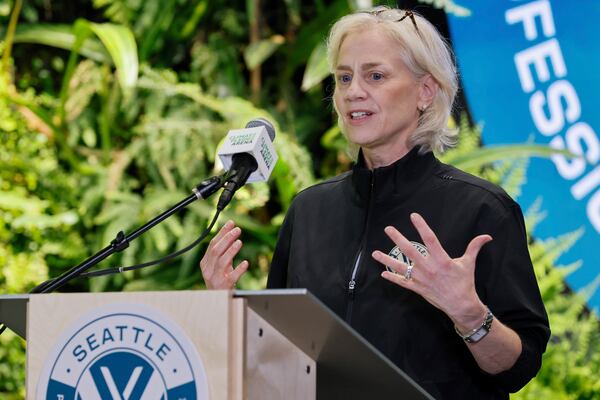 PWHL Executive Vice President of Business Operations Amy Scheer speaks during a press conference announcing the newest PWHL expansion team will be awarded to Seattle at Climate Pledge Arena, Wednesday, April 30, 2025, in Seattle. (Jennifer Buchanan/The Seattle Times via AP)