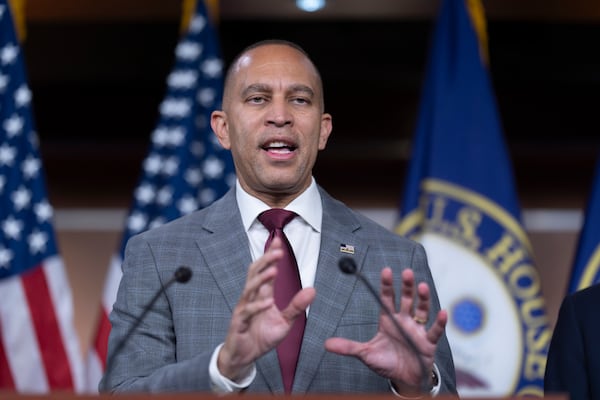 House Minority Leader Hakeem Jeffries, D-N.Y., meets with reporters after President-elect Donald Trump abruptly rejected a bipartisan plan to prevent a Christmastime government shutdown, at the Capitol in Washington, Thursday, Dec. 19, 2024. (AP Photo/J. Scott Applewhite)