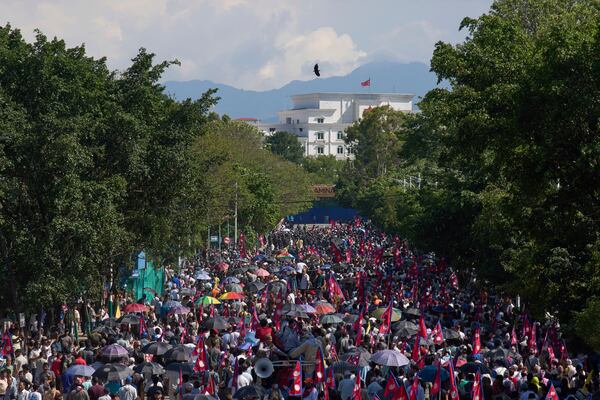 Pro-monarchy supporters take part in a rally calling for the restoration of Nepal's monarchy in Kathmandu, Nepal, Thursday, May 29, 2025. (AP Photo/Niranjan Shrestha)