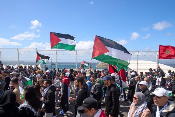 Moroccans protest the docking of a Maersk cargo ship carrying airplane parts they suspect are headed to Israel, outside Tangier Med Port, Sunday, April 20, 2025. (AP Photo/Mosa'ab Elshamy)