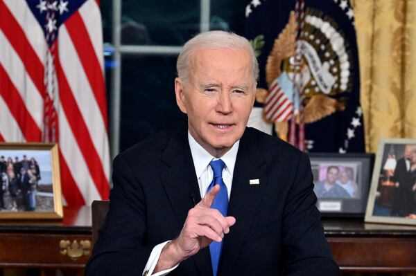 President Joe Biden speaks from the Oval Office of the White House as he gives his farewell address Wednesday, Jan. 15, 2025, in Washington. (Mandel Ngan/Pool via AP)