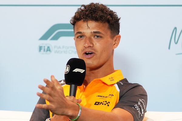 McLaren driver Lando Norris, of Britain, answers questions during a drivers' press conference ahead of the Formula One Miami Grand Prix auto race, Thursday, May 1, 2025, in Miami Gardens, Fla. (AP Photo/Rebecca Blackwell)