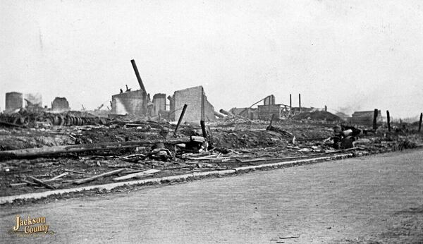 This photo provided by the Jackson County (Ill.) Historical Society shows the Mobile and Ohio rail yard shops in Murphysboro, Ill., after a tornado tore through Indiana, Illinois, and Missouri in March 1925. (Jackson County (Ill.) Historical Society via AP)