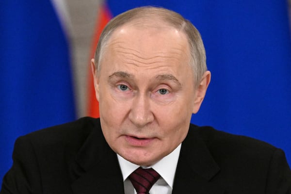Russian President Vladimir Putin gestures as he speaks to journalists in the Grand Palace at the Kremlin in Moscow, Russia, Sunday, May 11, 2025, after celebrations of the 80th anniversary of the Soviet Union's victory over Nazi Germany during World War II. (Sergei Bobylev/Photo host agency RIA Novosti via AP)