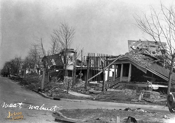 This photo provided by the Jackson County (Ill.) Historical Society shows Walnut and 22nd Streets in Murphysboro, Ill., after a tornado tore through Indiana, Illinois, and Missouri in March 1925. (Jackson County (Ill.) Historical Society via AP)