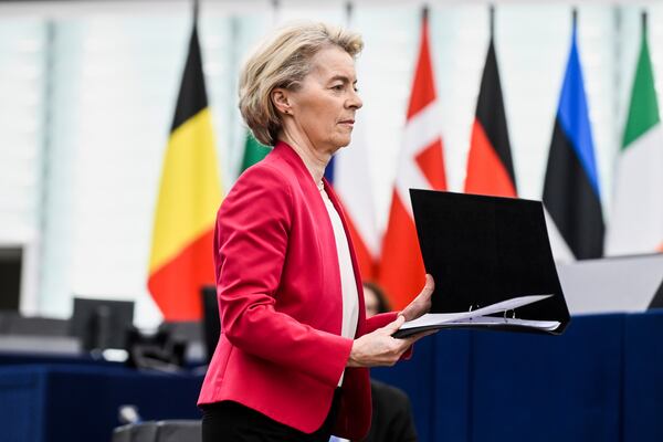 European Commission president Ursula von der Leyen walks to brief European Parliament members on new plans to ramp up defense spending agreed at last week's summit, Tuesday, March 11, 2025 at the European Parliament in Strasbourg, eastern France. (AP Photo/Pascal Bastien)