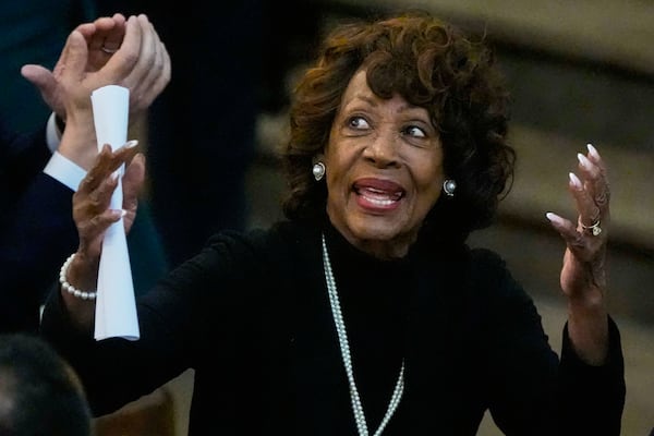 U.S. Rep. Maxine Waters, D-Calif., speaks at the Tabernacle Baptist Church during the 60th anniversary of the march to ensure that African Americans could exercise their constitutional right to vote, Sunday, March 9, 2025, in Selma, Ala. (AP Photo/Mike Stewart)