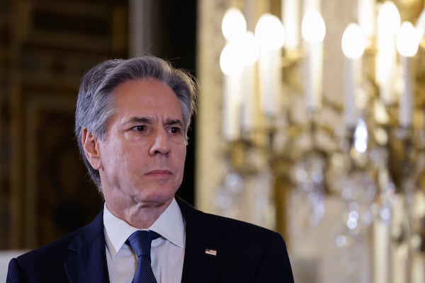 US Secretary of State Antony Blinken attends a joint press conference with French Minister for Europe and Foreign Affairs Jean-Noel Barrot after their meeting at the Quai d'Orsay in Paris, France, Wednesday, Jan. 8, 2025. (Ludovic Marin/Pool Photo via AP)