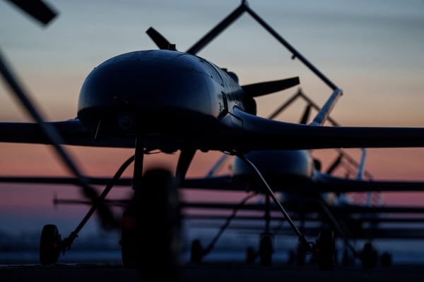 Long-range drones An-196 Liutyi of the Defence Intelligence of Ukraine stand in line before takeoff in undisclosed location, Ukraine, Feb. 28, 2025. (AP Photo/Evgeniy Maloletka)