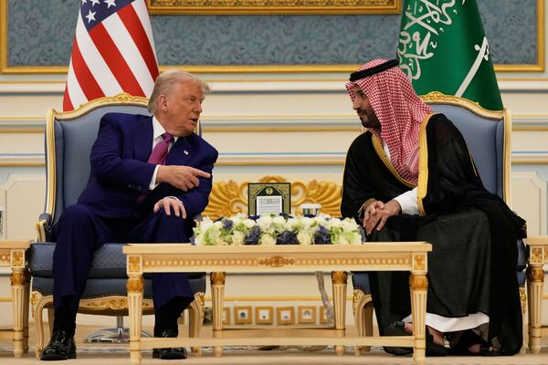 President Donald Trump and Saudi Crown Prince Mohammed bin Salman speak during a meeting at the Royal Palace in Riyadh, Saudi Arabia, Tuesday, May 13, 2025. (AP Photo/Alex Brandon)