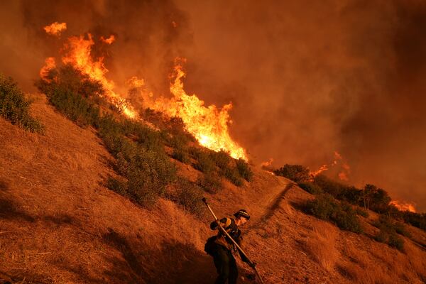 A firefighter battles the Palisades Fire in Mandeville Canyon Saturday, Jan. 11, 2025, in Los Angeles. (AP Photo/Jae C. Hong)