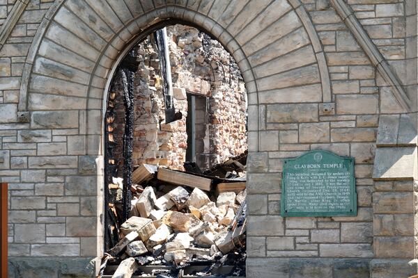 FILE - The historic Clayborn Temple, a landmark from the civil rights movement with ties to Martin Luther King Jr., caught fire, April 28, 2025, in Memphis, Tenn. (AP Photo/Karen Pulfer Focht, File)