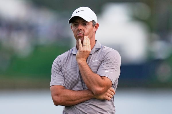 Rory McIlroy, of Northern Ireland, reacts to his putt on the 18th green during the final round of The Players Championship golf tournament Sunday, March 16, 2025, in Ponte Vedra Beach, Fla. (AP Photo/Julia Demaree Nikhinson)