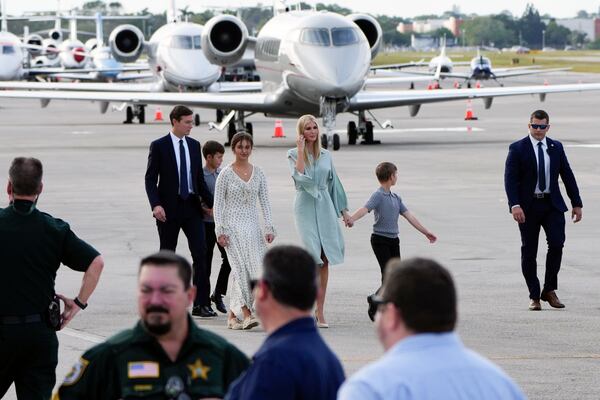 Ivanka Trump, Jared Kushner and family, arrive to board an Air Force Special Air Mission airplane as it stands ready for President-elect Donald Trump to arrive at Palm Beach International Airport Saturday, Jan. 18, 2025 in West Palm Beach, Fla., for travel to Washington. (AP Photo/Lynne Sladky)