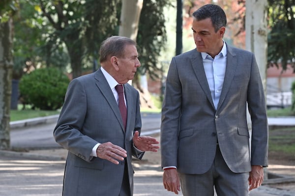 FILE - In this photo provided by the Spanish government in Madrid, exiled Venezuelan opposition leader Edmundo Gonzalez, left, walks with Spain's Prime Minister Pedro Sanchez outside the Moncloa Palace in Madrid, Thursday Sept. 12, 2024. (Fernando Calvo, Spanish Government via AP, File)