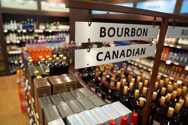 Shown is a display of Canadian products at a Pennsylvania Fine Wine & Good Spirits in Flourtown, Pa., Thursday, March 13, 2025. (AP Photo/Matt Rourke)