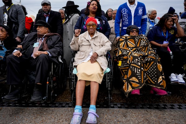 Annie Pearl Avery, one of the original foot soldiers reacts on crossing the Edmund Pettus bridge during the 60th anniversary of the march to ensure that African Americans could exercise their constitutional right to vote, Sunday, March 9, 2025, in Selma, Ala. (AP Photo/Mike Stewart)