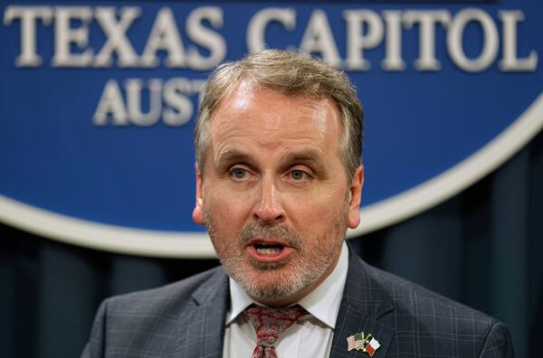 FILE - Texas State Sen. Bryan Hughes, R-Mineola, speaks during a news conference at the Texas Capitol in Austin, Texas, June 7, 2023. (AP Photo/Eric Gay, file)