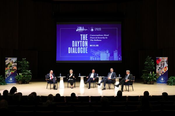 Former U.S. Ambassador to NATO and U.S. Senator Kay Bailey Hutchison, second from right, speaks during a panel discussion with High Representative for Bosnia and Herzegovina Christian Schmidt, left, Minister of Foreign and European Affairs of Croatia Gordan Grlic-Radman, Minister of Foreign Affairs of Bosnia and Herzegovina Elmedin Konakovic and former U.S. Ambassador to Croatia Peter Galbraith as part of the NATO Parliamentary Assembly in Dayton, Ohio, on Friday, May 23, 2025. (AP Photo/Paul Vernon)