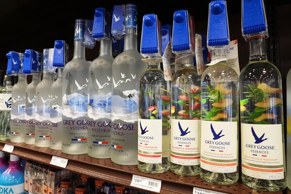 Shown are bottles of French Vodka at a Pennsylvania Fine Wine & Good Spirits in Flourtown, Pa., Thursday, March 13, 2025. (AP Photo/Matt Rourke)