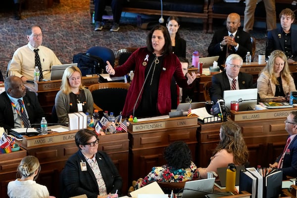 Rep. Aime Wichtendahl, D-Hiawatha, speaks during debate on the gender identity bill, Thursday, Feb. 27, 2025, at the Statehouse in Des Moines, Iowa. (AP Photo/Charlie Neibergall)