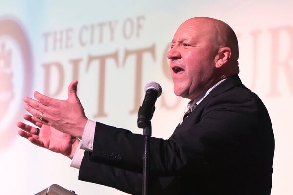 Tony Moreno, a candidate in the upcoming mayoral primary in Pittsburgh, attends a candidates forum at Perry Traditional Academy in Pittsburgh, Thursday, April 24, 2025. (AP Photo/Gene J. Puskar)