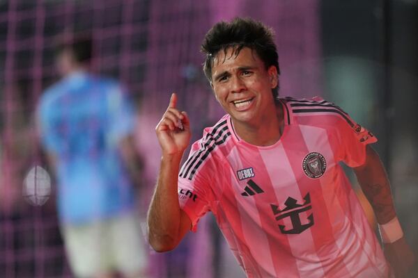 Inter Miami midfielder Telasco Segovia (8) celebrates scoring his side's second goal against New York City FC to tie the game, in the final minutes of stoppage time of an MLS soccer match, Saturday, Feb. 22, 2025, in Fort Lauderdale, Fla. (AP Photo/Rebecca Blackwell)